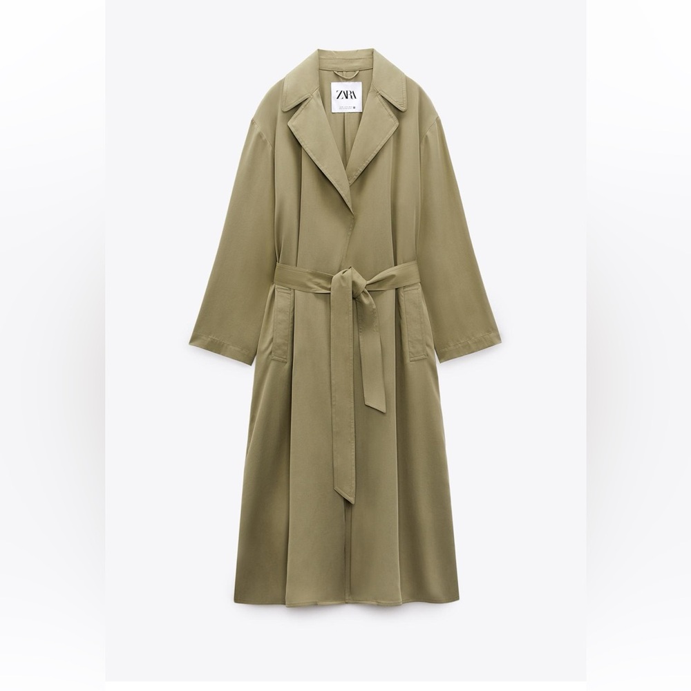 Zara Women's Flowy Belted Khaki Green Trench Coat. Size XS Midi Length